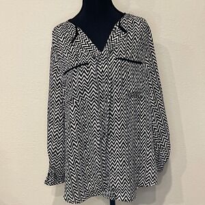 Chic Chevron Print V-Neck Long Sleeve Blouse Women Black White Casual Top